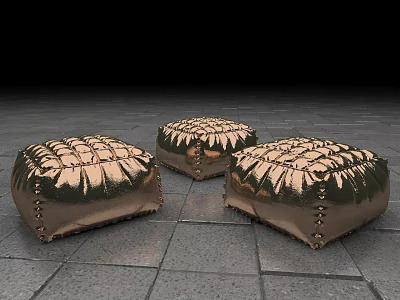 Three Decorative Metallic Poufs with Pleated Surface and Studded Edges on Gray Tiled Floor 3d model