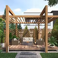 Garden Courtyard With Wooden Pergola Seating Area Sofa Chairs And Green Plants