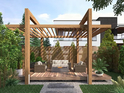 Garden Courtyard With Wooden Pergola Seating Area Sofa Chairs And Green Plants 3d model