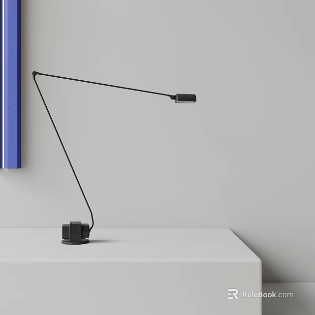 Modern Black Table Lamp With Adjustable Arm On White Desk Against Light Gray Wall 3d model 