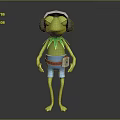 Anthropomorphic Green Frog Character Wearing Headphones Blue Shorts Red Belt And ID Card On Waist