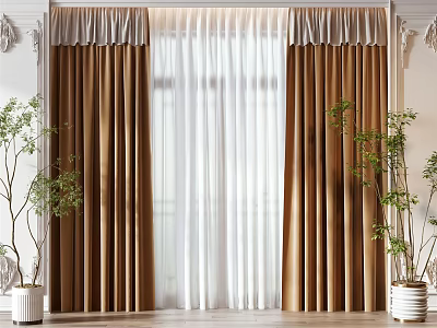 Elegant Layered Brown And White Curtains With Pleated Header For Living Room Window 3d model