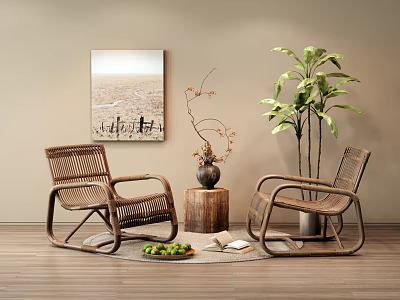 Wicker Lounge Chairs In Cozy Indoor Area With Framed Painting Green Plant Decorative Vase And Wooden Floor 3d model