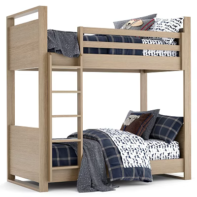 Wooden Bunk Bed With Plaid Bedding And Side Ladder Mattress Design 3d model