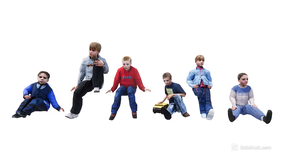 Group of Young Boys Wearing Casual Clothes in Different Poses 3d model 