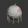 Spherical Industrial Storage Tank With Metal Support Structure And Red Labeling