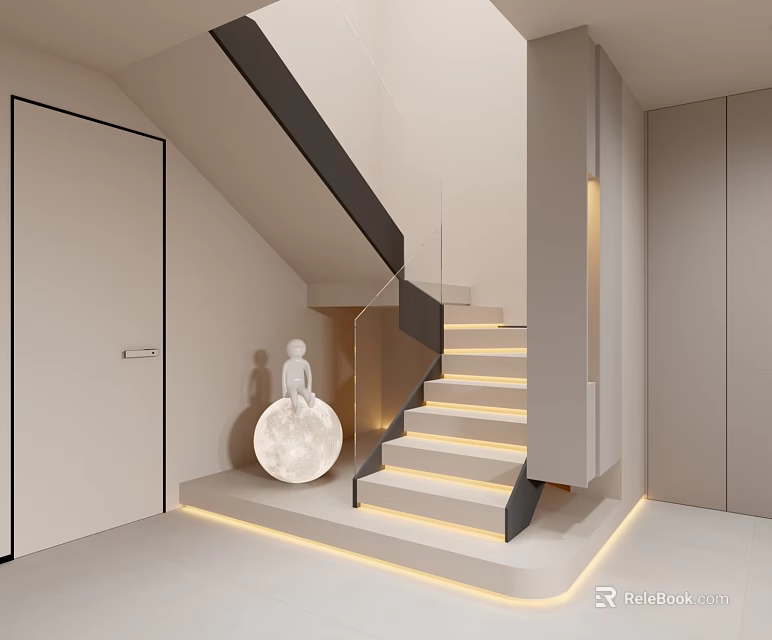 Modern Staircase With Black Handrail Light Colored Steps LED Strip Lighting And Moon Shaped Decor 3d model 