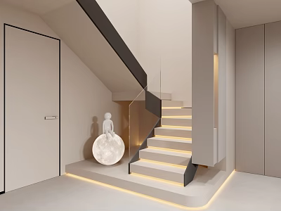 Modern Staircase With Black Handrail Light Colored Steps LED Strip Lighting And Moon Shaped Decor 3d model