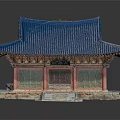 Traditional Chinese Architecture With Blue Tiled Roof Red Wooden Columns Classic Eaves And Steps