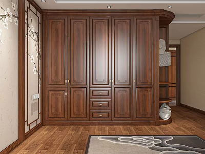 Classic Wooden Wardrobe Design With Multiple Panel Doors Drawers And Wooden Floor 3d model