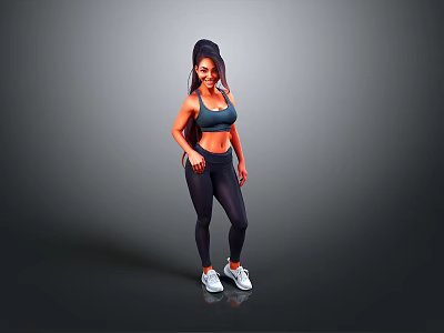 Active Woman in Blue Sports Bra Dark Leggings and White Sneakers Standing on Gray Background 3d model