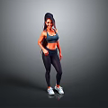Active Woman in Blue Sports Bra Dark Leggings and White Sneakers Standing on Gray Background