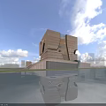 Modern Geometric Office Building With Glass Curtain Wall Water Reflection and Blue Sky White Clouds