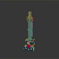 Blue Mechanical Toy Model Tower Featuring Red Circular Component And Green Yellow Details