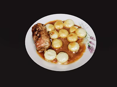 Roast Meat Roll With White Potato Balls In Brown Sauce On Decorative Plate 3d model