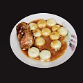 Roast Meat Roll With White Potato Balls In Brown Sauce On Decorative Plate