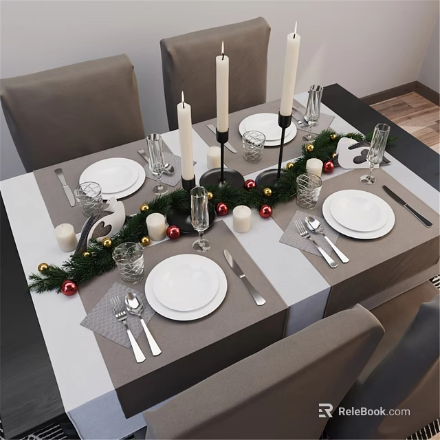 Dining Table and Chairs Festively Decorated with Tablecloth Plates Cutlery Candles and Christmas Ornaments 3d model 