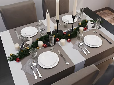Dining Table and Chairs Festively Decorated with Tablecloth Plates Cutlery Candles and Christmas Ornaments 3d model