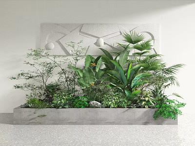 Modern Bonsai and Potted Plants Display With Concrete Planter Green Foliage and Geometric Wall Decor 3d model