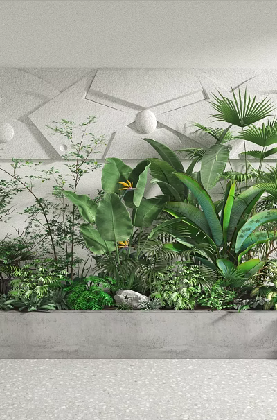 Modern Bonsai and Potted Plants Display With Concrete Planter Green Foliage and Geometric Wall Decor 3d model