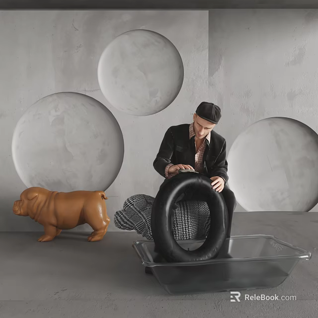 A Man Crafting Black Tire With Brown Bulldog Figurine Gray Wall And Circular Decor 3d model 
