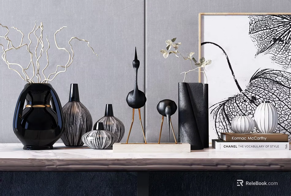Elegant Modern Decorative Ornament Set With Ceramic Vases Metal Stands And Decorative Balls 3d model 