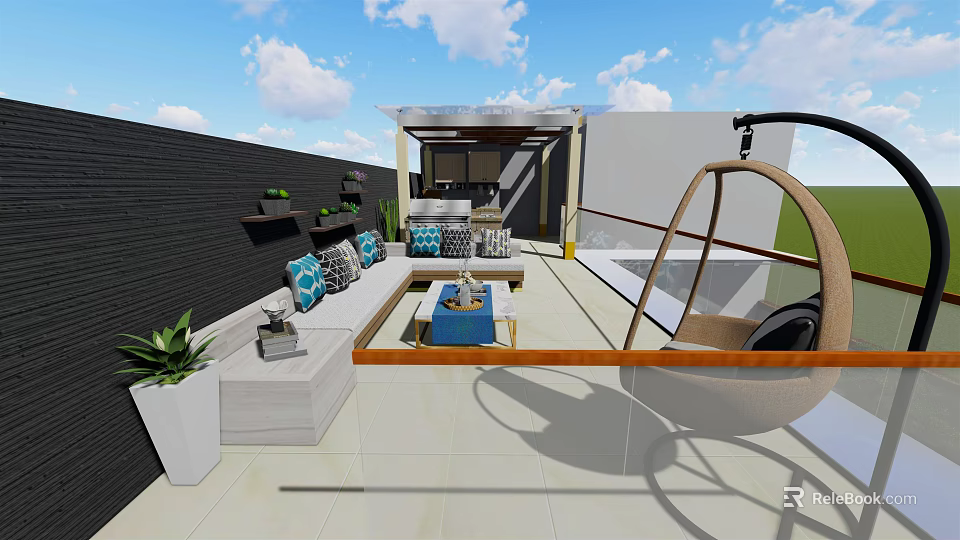 Roof Garden With Comfortable Sofa Coffee Table Hanging Chair Green Plants And Open Design 3d model 