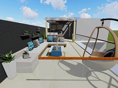 Roof Garden With Comfortable Sofa Coffee Table Hanging Chair Green Plants And Open Design 3d model