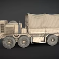Beige Military Cargo Truck With Canvas Cover And Six Large Off Road Wheels