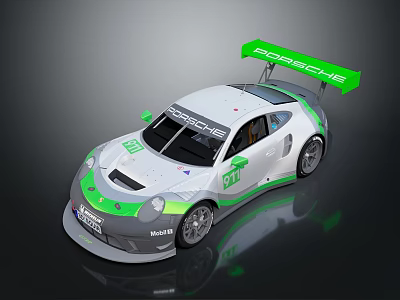 Porsche Race Car With Green And White Livery And Rear Spoiler Design 3d model