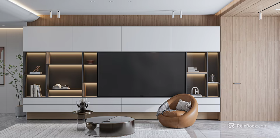 Modern TV Background Cabinet Design With Wooden Panels LED Lighting And Storage Shelves 3d model 