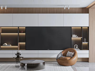 Modern TV Background Cabinet Design With Wooden Panels LED Lighting And Storage Shelves 3d model