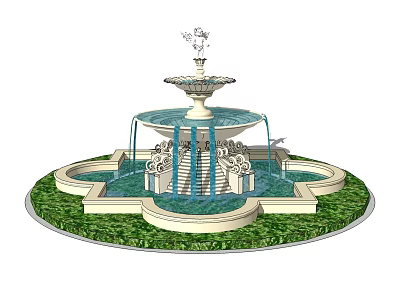 Ornate Multi Tiered Fountain with Decorative Carvings and Green Lawn Surroundings 3d model
