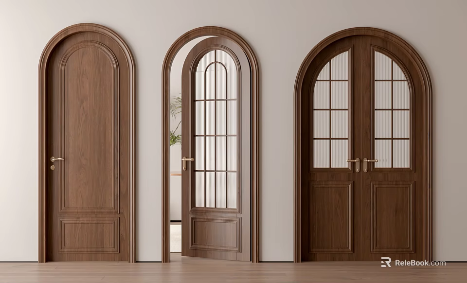 Wooden Hinged Doors With Arched Top And Glass Panels For Interior Design 3d model 
