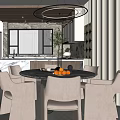 Elegant Modern Restaurant Interior With Round Marble Table Oranges And Open Kitchen
