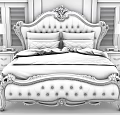 Classic European Double Bed with Ornate Carved Headboard Upholstered Design and Nightstands with Lamps