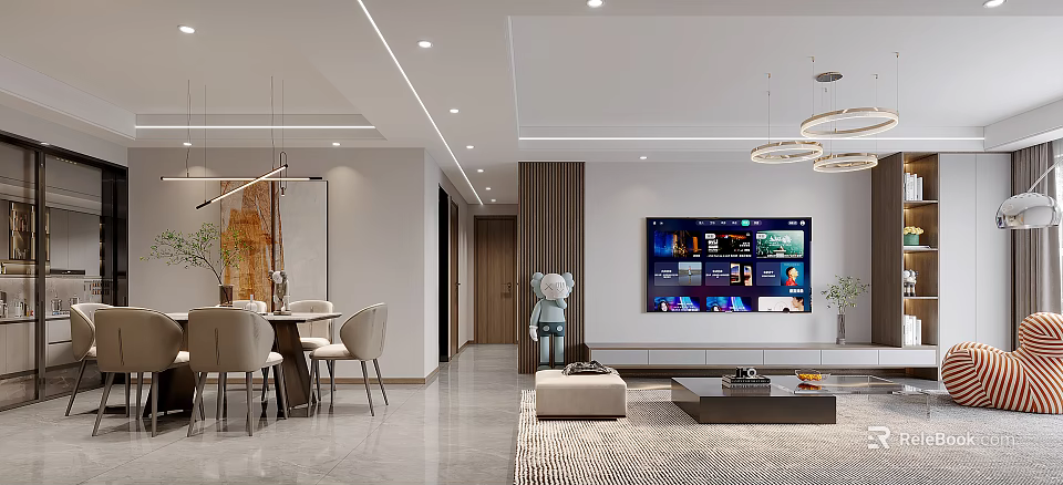 Modern Dining Living Room Interior Design With Cozy Seating TV Dining Table And Pendant Lights 3d model 