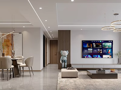 Modern Dining Living Room Interior Design With Cozy Seating TV Dining Table And Pendant Lights 3d model