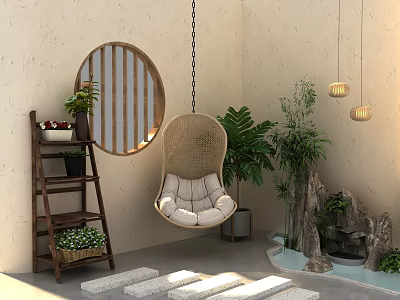 Cozy Rattan Hanging Chair In Indoor Space With Beige Wall Green Plants And Round Mirror 3d model