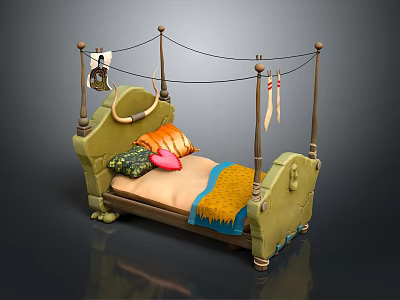 Green Four Poster Bed With Colorful Pillows And Cozy Blanket 3d model