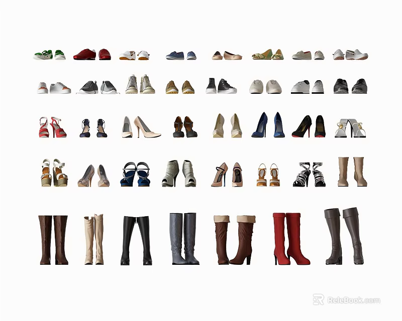 Diverse Collection of Shoes Featuring Different Styles Colors Types and Designs 3d model 