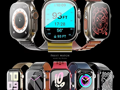 Various Smart Watches With Different Dial Designs Straps And Digital Display Features 3d model