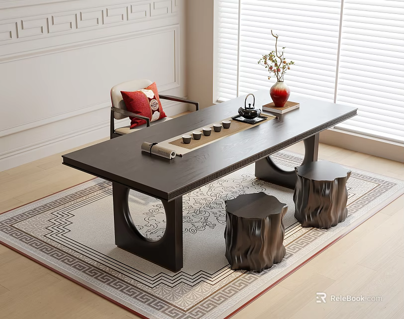 Dark Wooden Tea Table and Stump Stools with Red Vase Plant Window Patterned Rug 3d model