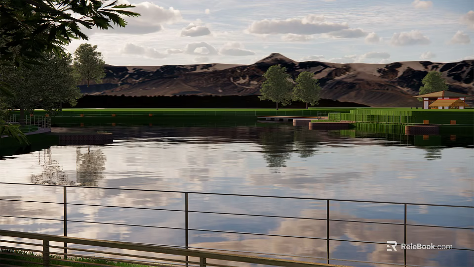 Peaceful Natural Landscape with Water Grass Trees Distant Hills Cloudy Sky and Railing 3d model 