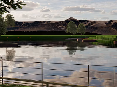 Peaceful Natural Landscape with Water Grass Trees Distant Hills Cloudy Sky and Railing 3d model