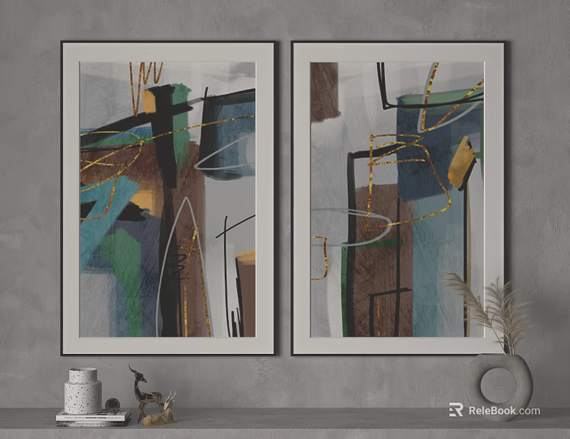 Two Modern Abstract Paintings Hanging On Gray Wall With Decorative Items 3d model