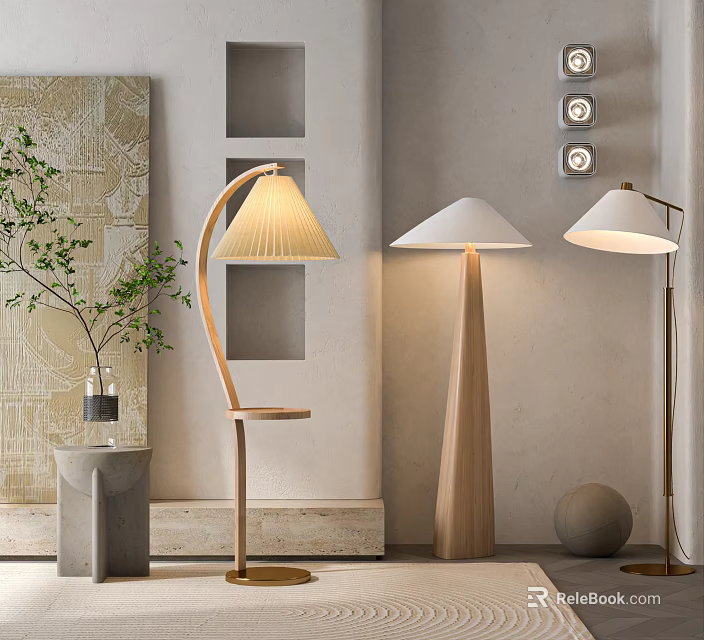 Three Stylish Floor Lamps With Curved And Conical Designs In Modern Interior Decor 3d model 