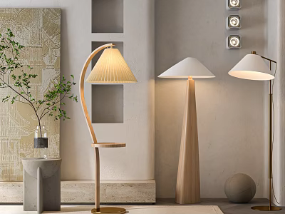 Three Stylish Floor Lamps With Curved And Conical Designs In Modern Interior Decor 3d model