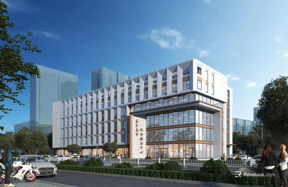 Modern Office Building With Glass Curtain Wall Landscaped Garden And Urban Setting 3d model 
