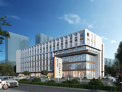 Modern Office Building With Glass Curtain Wall Landscaped Garden And Urban Setting 3d model